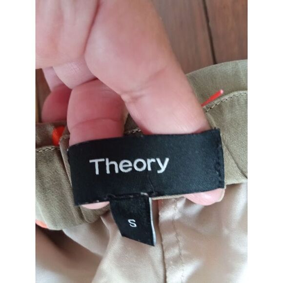 Theory Women Olive Green w/Orange Polka Dots 100% Silk Pant size Small - Picture 11 of 12